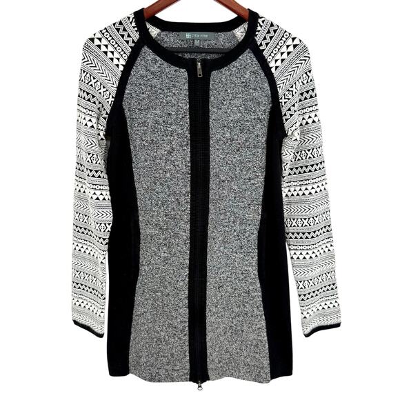 Title Nine Womens Medium WOOL BLEND Black White Full Zip Sweater Shirt Top - Picture 1 of 7